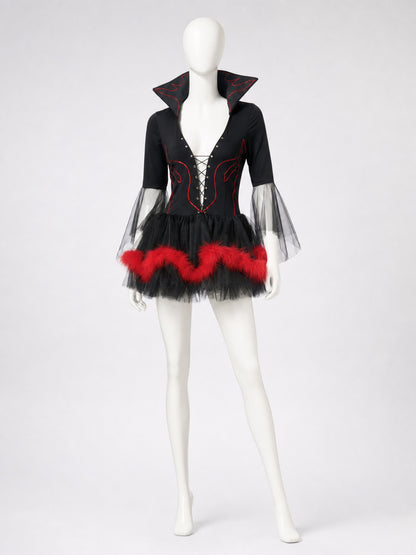The Halloween costume is designed in a black-and-red color scheme and combines