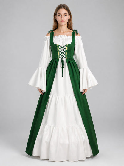 Green and White Historical Lace-Up Dress on-model view