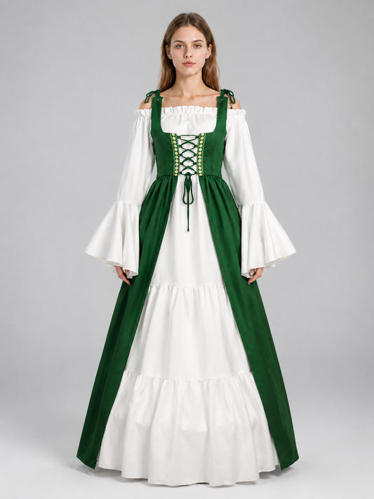 Green and White Historical Lace-Up Dress on-model view