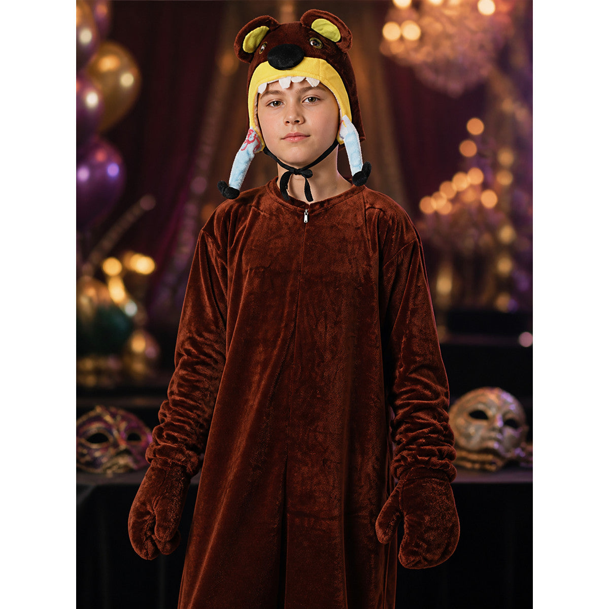 Kids Animal Onesie Costume, Brown Bear Hooded Jumpsuit with Paws for Halloween on-model view