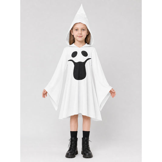 Ghost costume with hood, dress with gloves on-model view