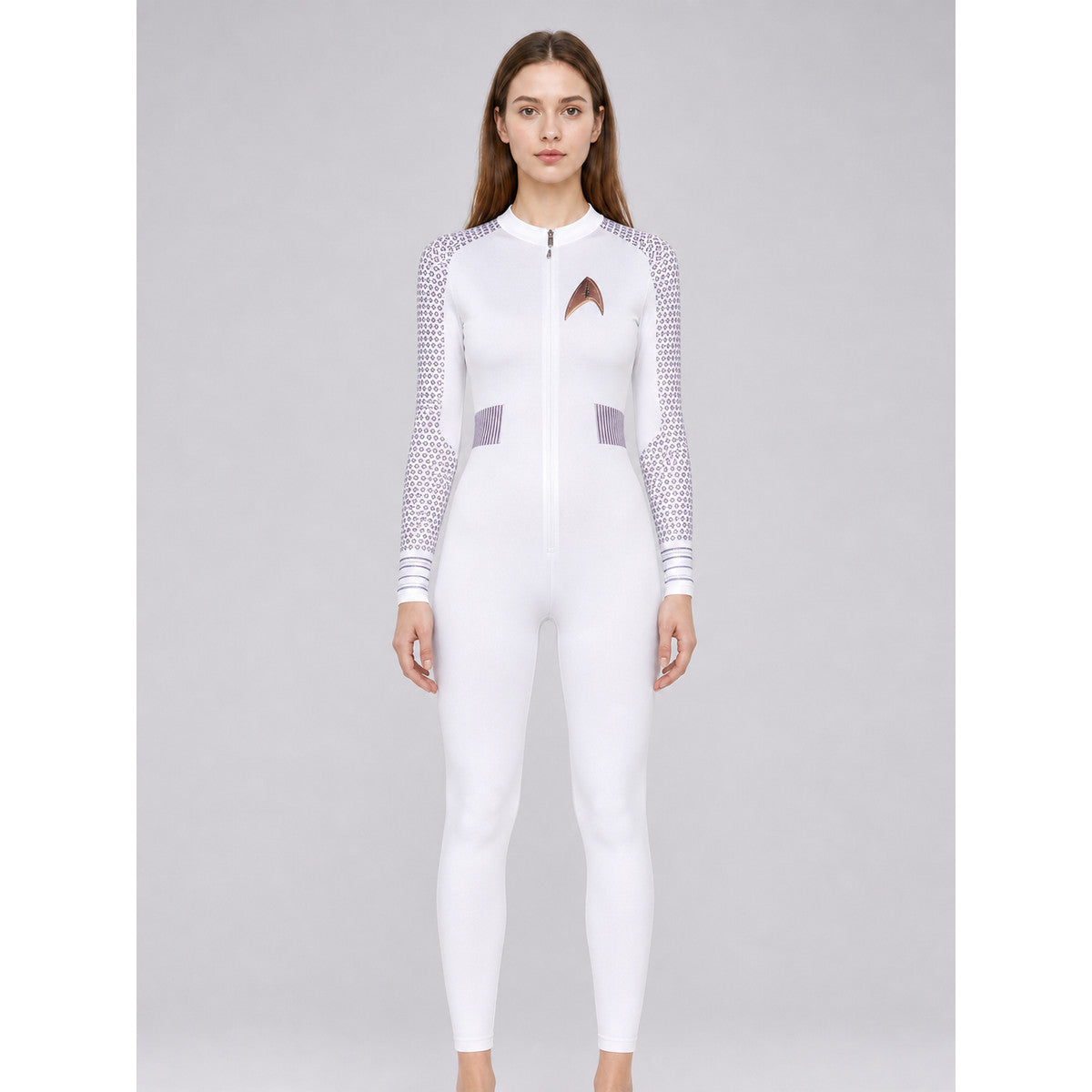 White Jumpsuit with Zipper and Stand Collar front view