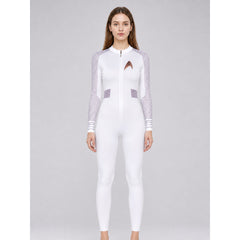 White Jumpsuit with Zipper and Stand Collar