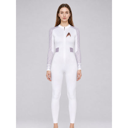 White Jumpsuit with Zipper and Stand Collar front view