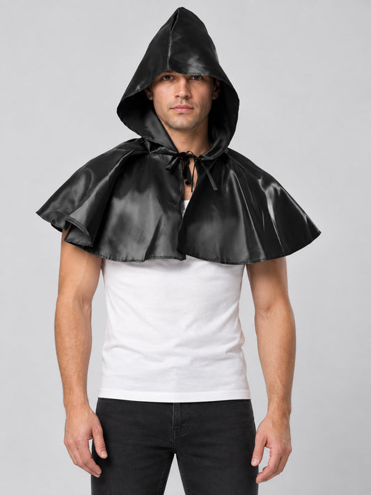 Black Short Shiny Hooded Capelet