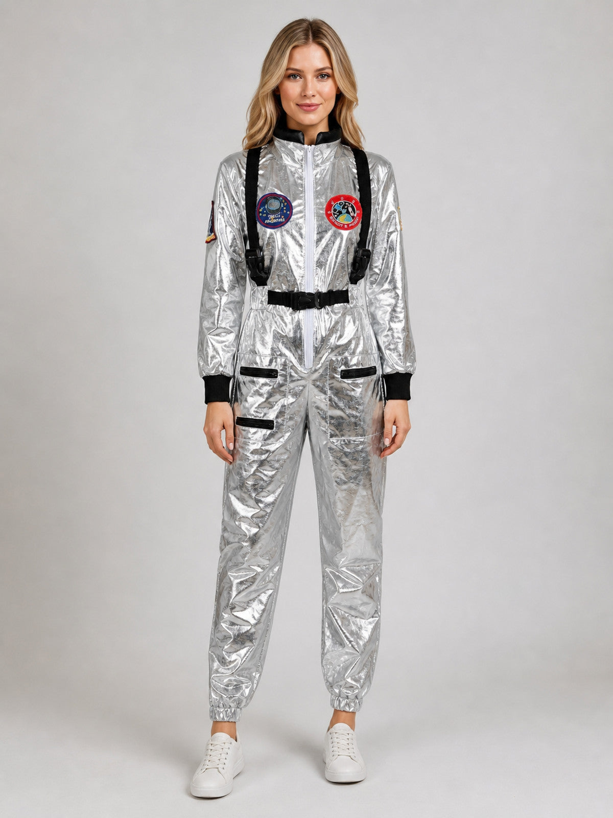 Silver astronaut costume with pockets and emblems main product view