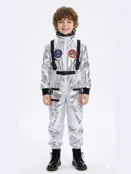 Boy wearing the kids' silver astronaut costume jumpsuit, front view with black straps, belt and space patches