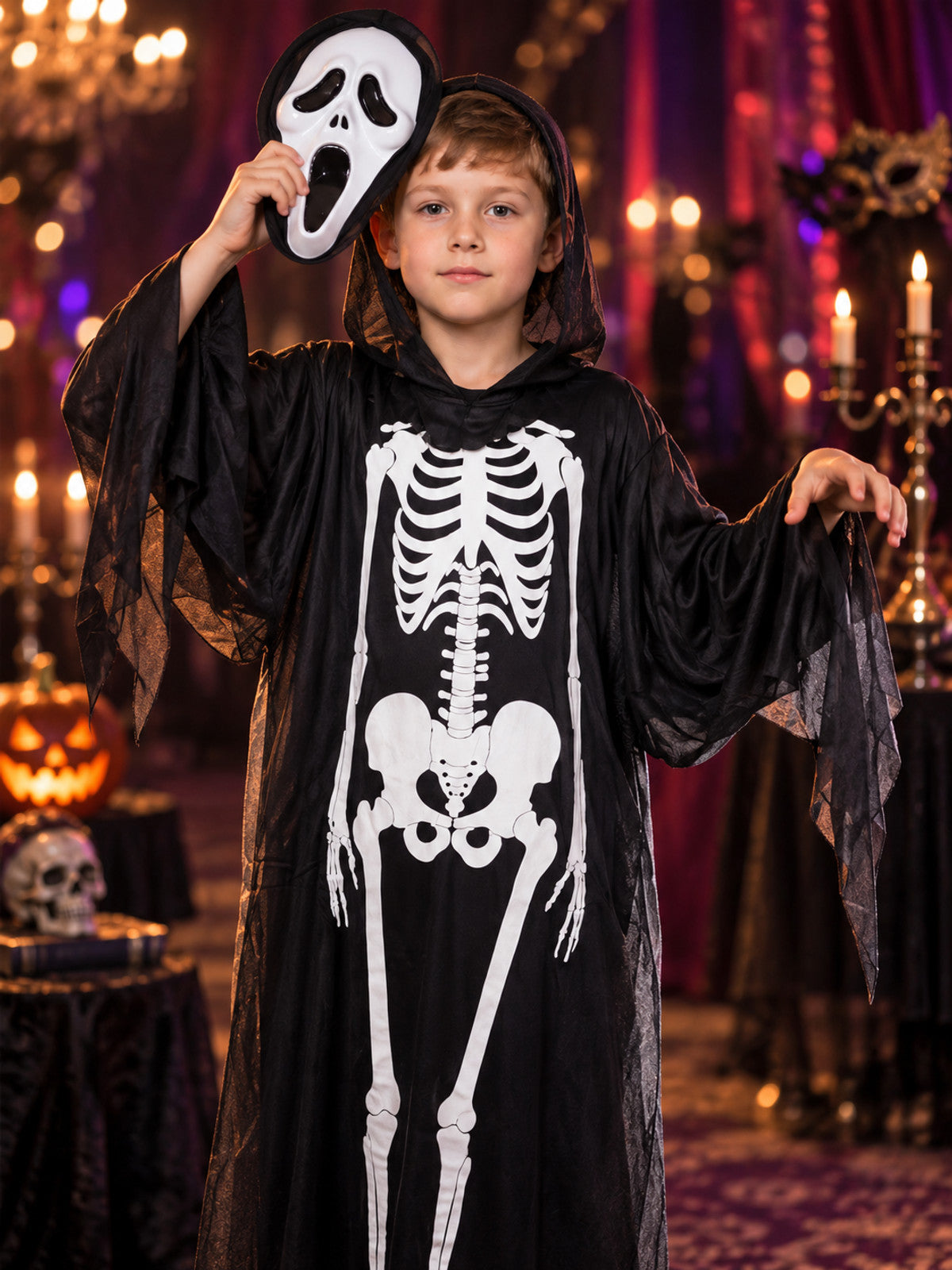 Skeleton Costume with Mask, Black Hooded Robe