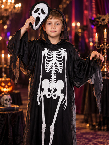 Skeleton Costume with Mask, Black Hooded Robe