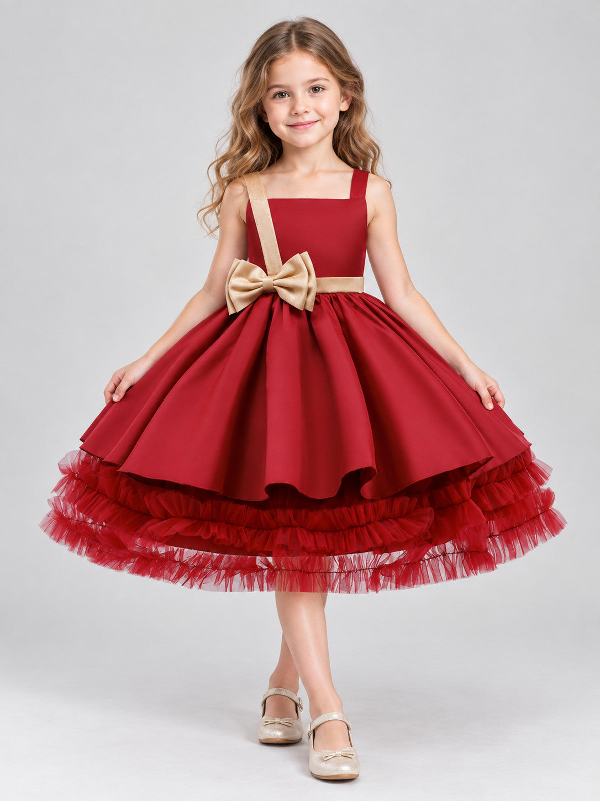 Burgundy sleeveless dress with gold bow and full skirt