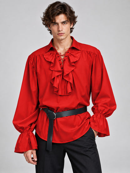 Red shirt with a jabot and lacing, puffy sleeves