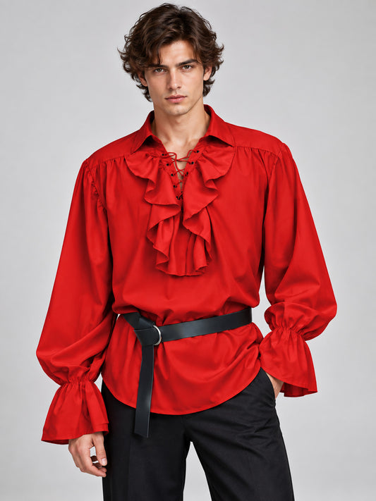 Red shirt with a jabot and lacing, puffy sleeves
