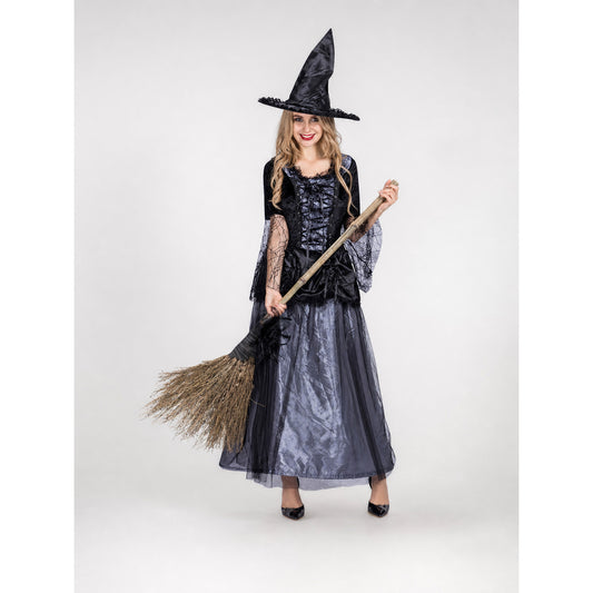Gothic-style witch costume dress with hat for themed events. The design is mainly black and dark gray, with patterned textured fabric and sheer black accents. The look is centered on a long dress with a fitted lace-up corset, a ruffled neck