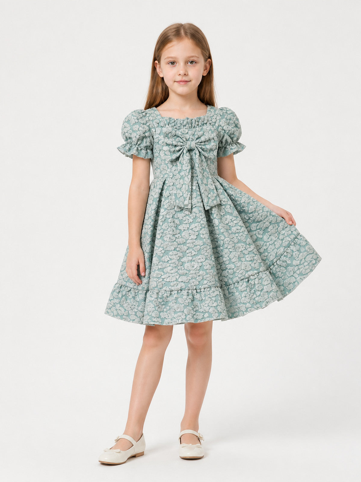 Gray-Blue Princess Dress with a Full Skirt and Bow main product view