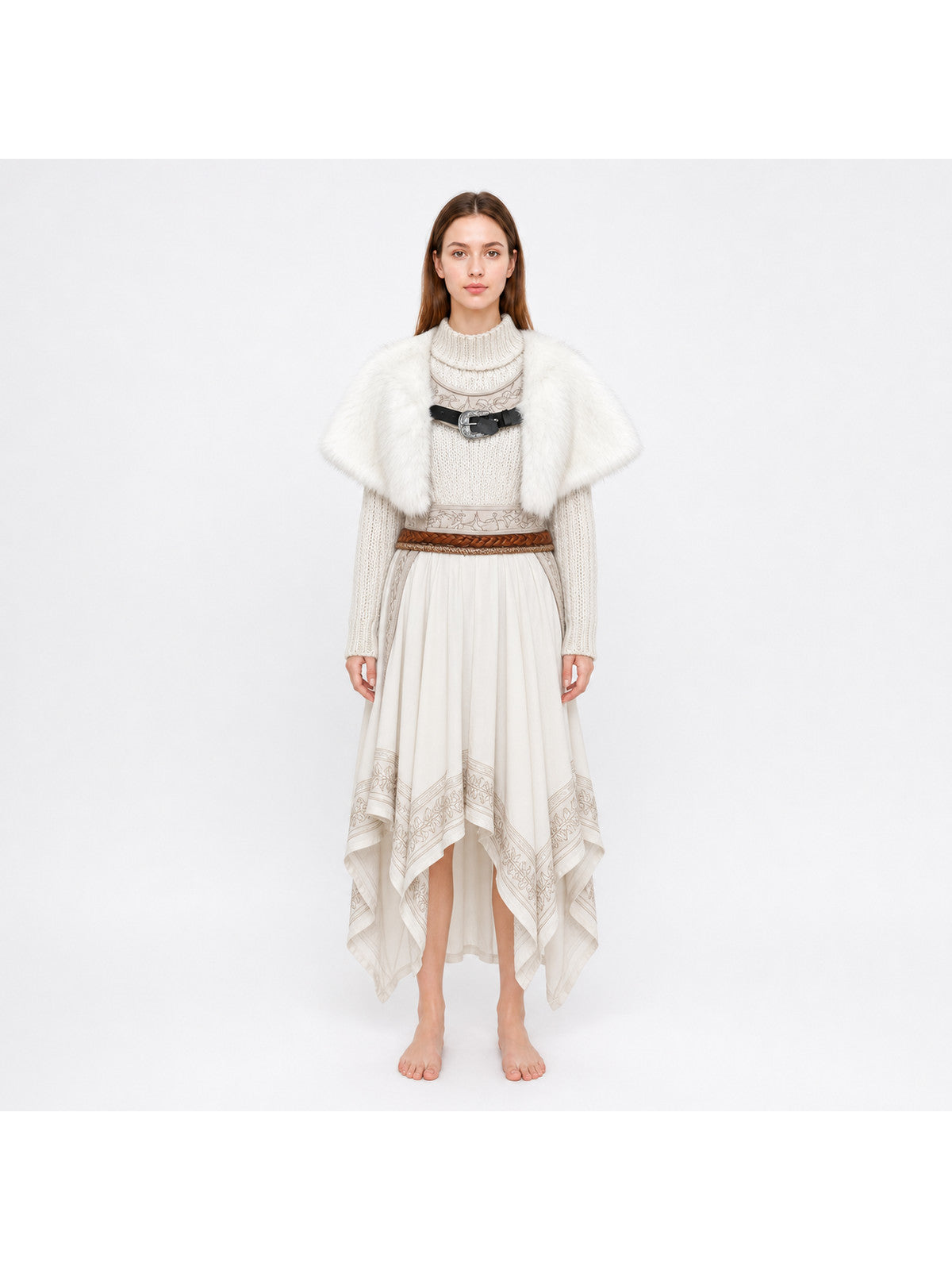 White Fantasy Character Style Shawl, Single-Piece Wide Shoulder Wrap With Fluffy