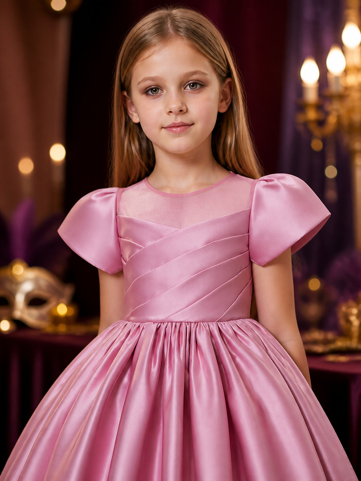 Girls' Pink Satin Princess Dress, Lace Square Neck, Short Sleeves, Full Skirt on-model view