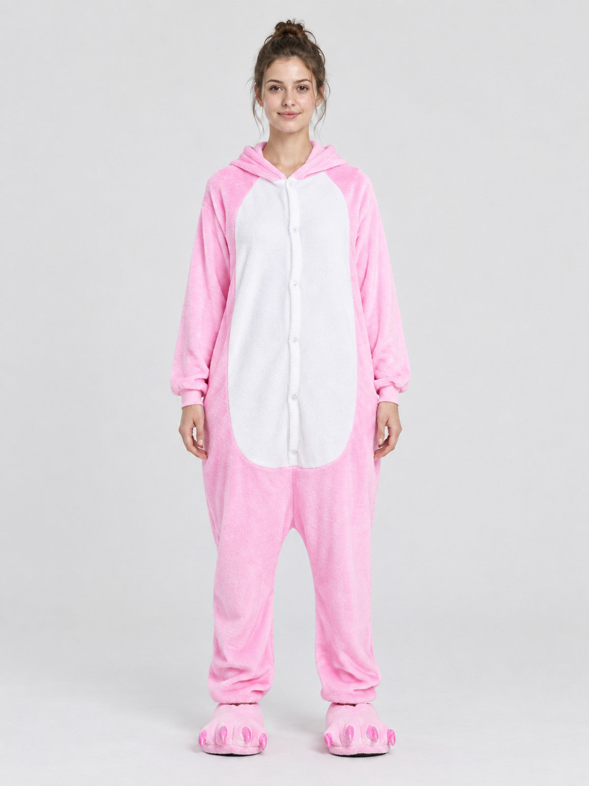 Pink pajama jumpsuit with hood and white insert