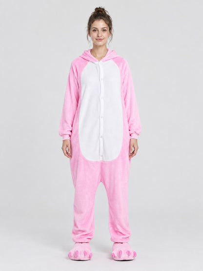 Pink pajama jumpsuit with hood and white insert
