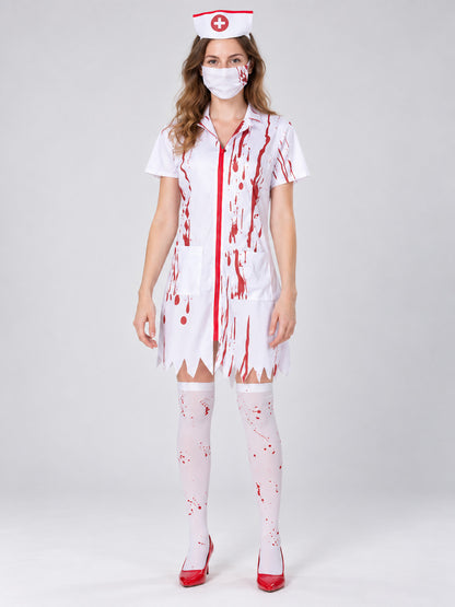White Nurse Costume with Blood Effect, Cap, Mask