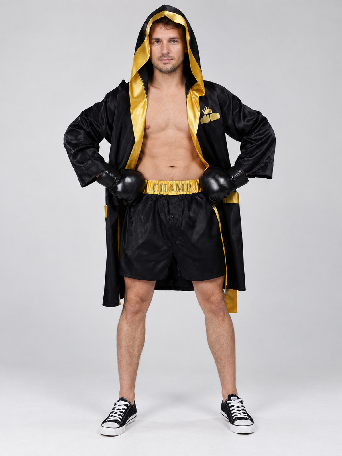 Black Boxer Costume with Gold Trim and Hood