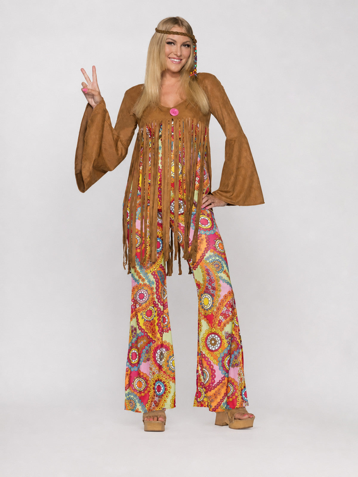 70s Hippie Costume with Fringe and Headband on-model view