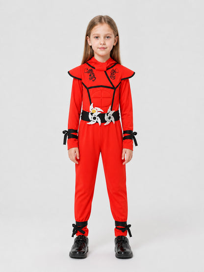 Ninja Cosplay Costume, Red Hooded Jumpsuit on-model view