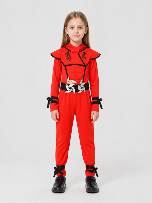 Ninja Cosplay Costume, Red Hooded Jumpsuit on-model view