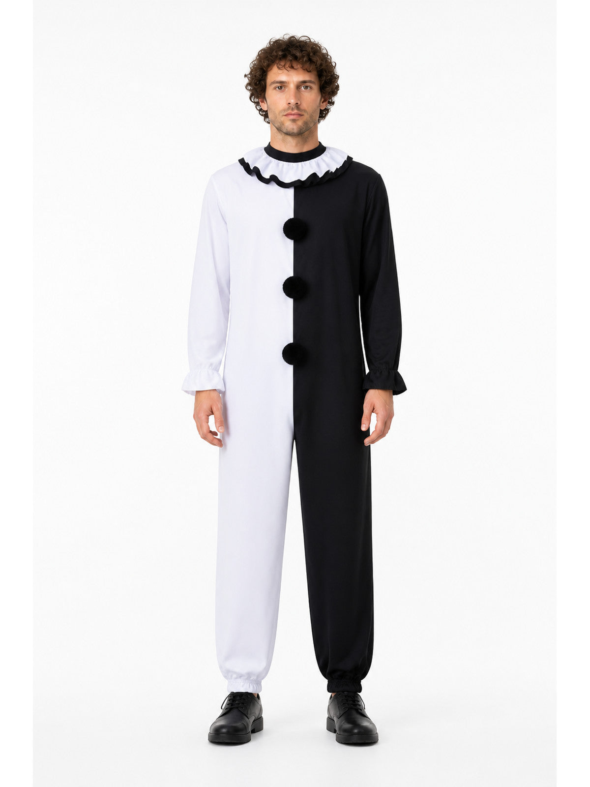 Black-and-White Clown Jumpsuit with Ruffled Collar for Halloween main product view
