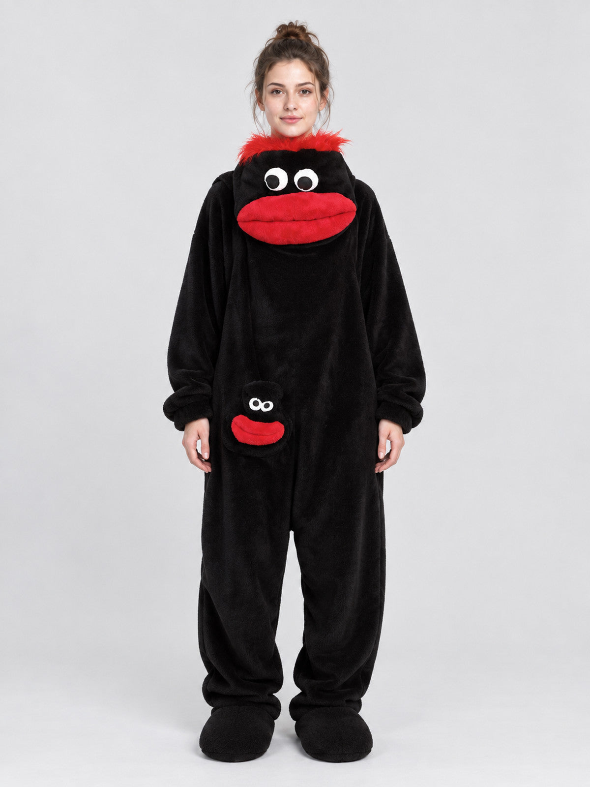 Black Coral Fleece Pajama Jumpsuit with Appliqué