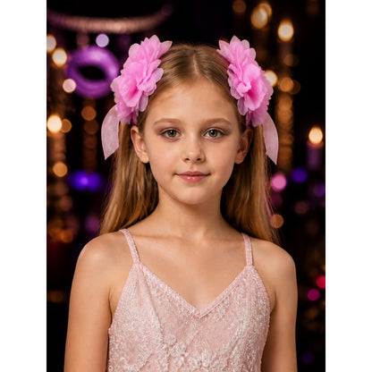 Kids Princess Pink Flower Headpiece with Long Ribbons, Halloween Costume on-model view