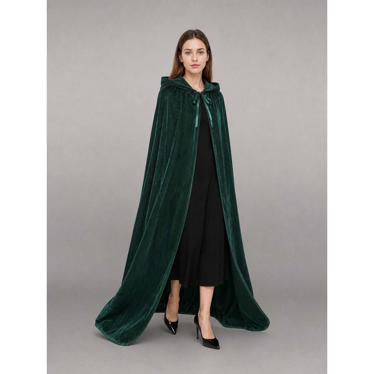 Green Gothic Hooded Carnival Cloak front view
