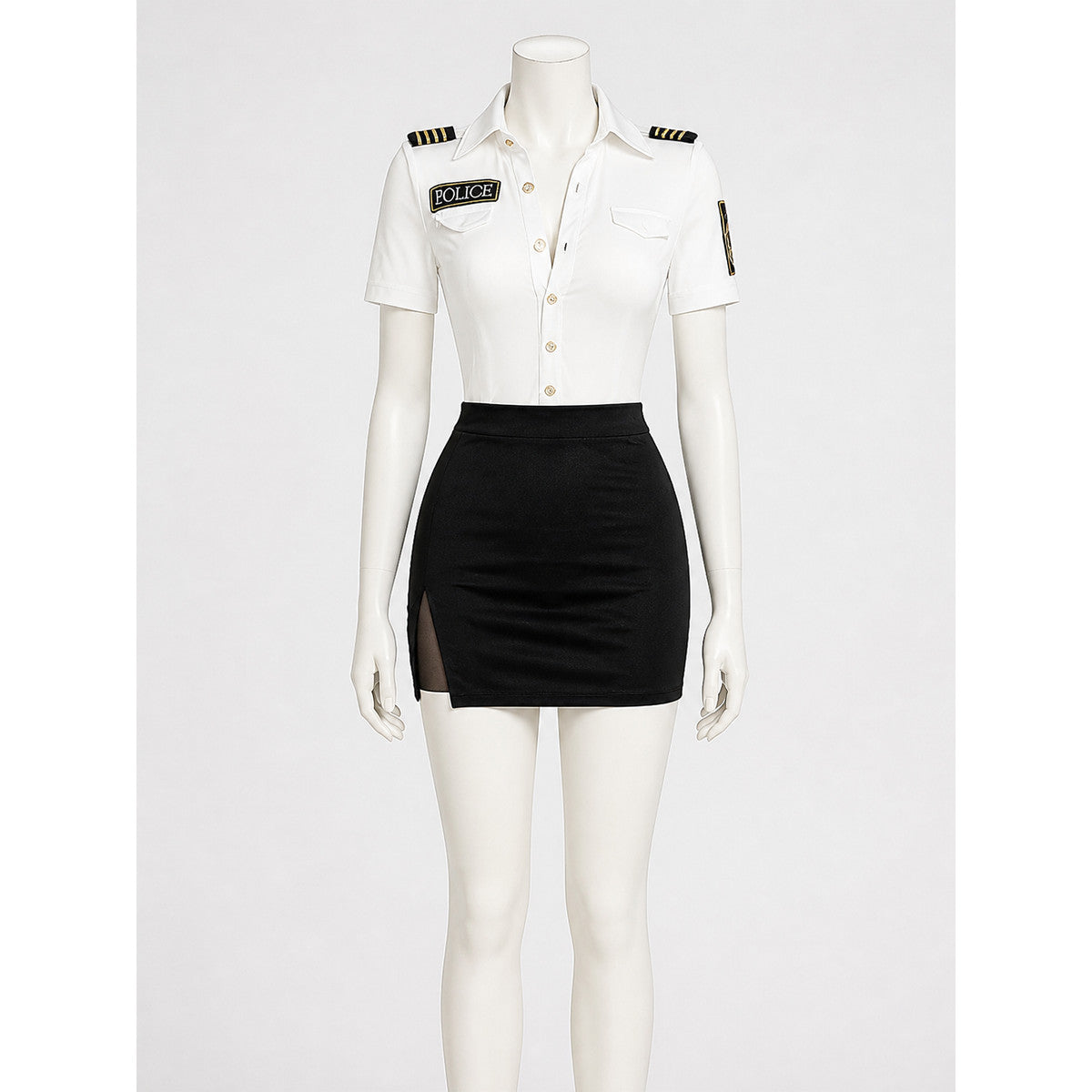Women's Police Officer Costume Set, White Shirt with Shoulder Patches and Black on-model view