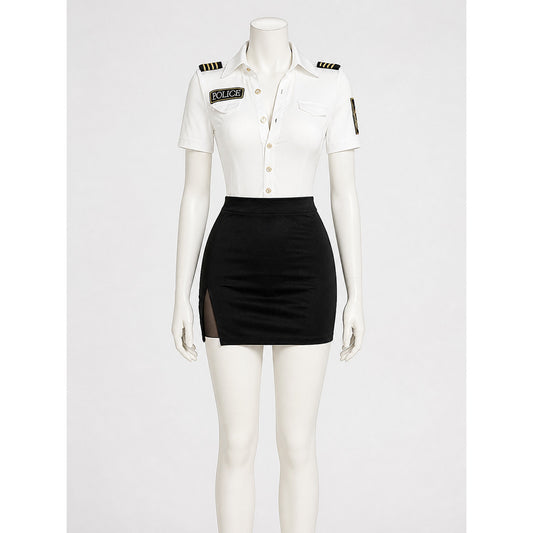 Women's Police Officer Costume Set, White Shirt with Shoulder Patches and Black on-model view