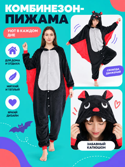 Black Hooded Pajama Onesie with Ears and Fangs on-model view