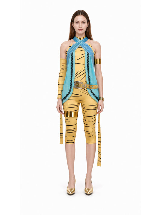 Model wearing the women's Cleo de Nile cosplay costume: gold black-striped jumpsuit, sheer blue cape, sparkle belt and gold arm and leg bands, front view