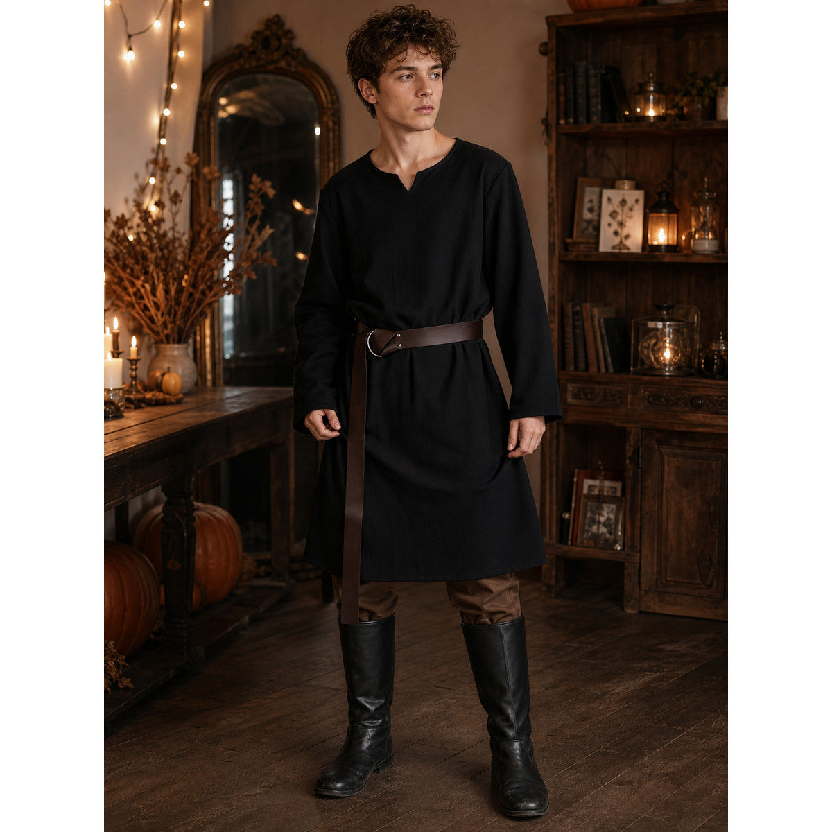 Black long loose-fit tunic in a fantasy style on-model view