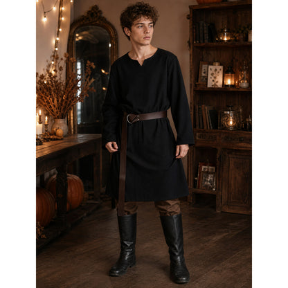 Black long loose-fit tunic in a fantasy style on-model view