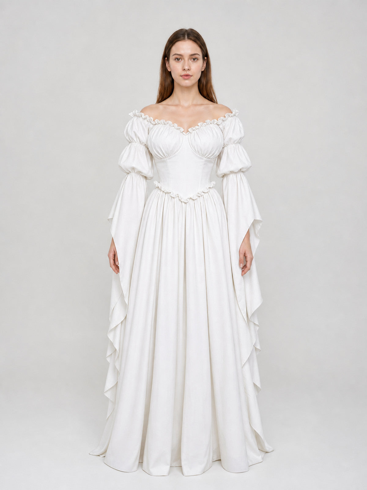 White Vintage-Style Dress with Puff Sleeves front view