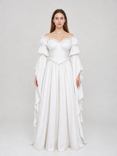 White Vintage-Style Dress with Puff Sleeves