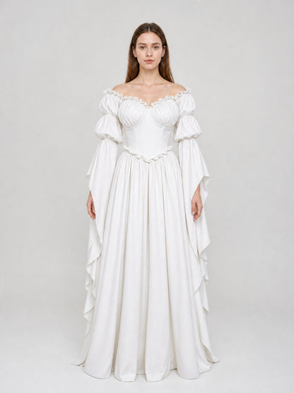 White Vintage-Style Dress with Puff Sleeves front view