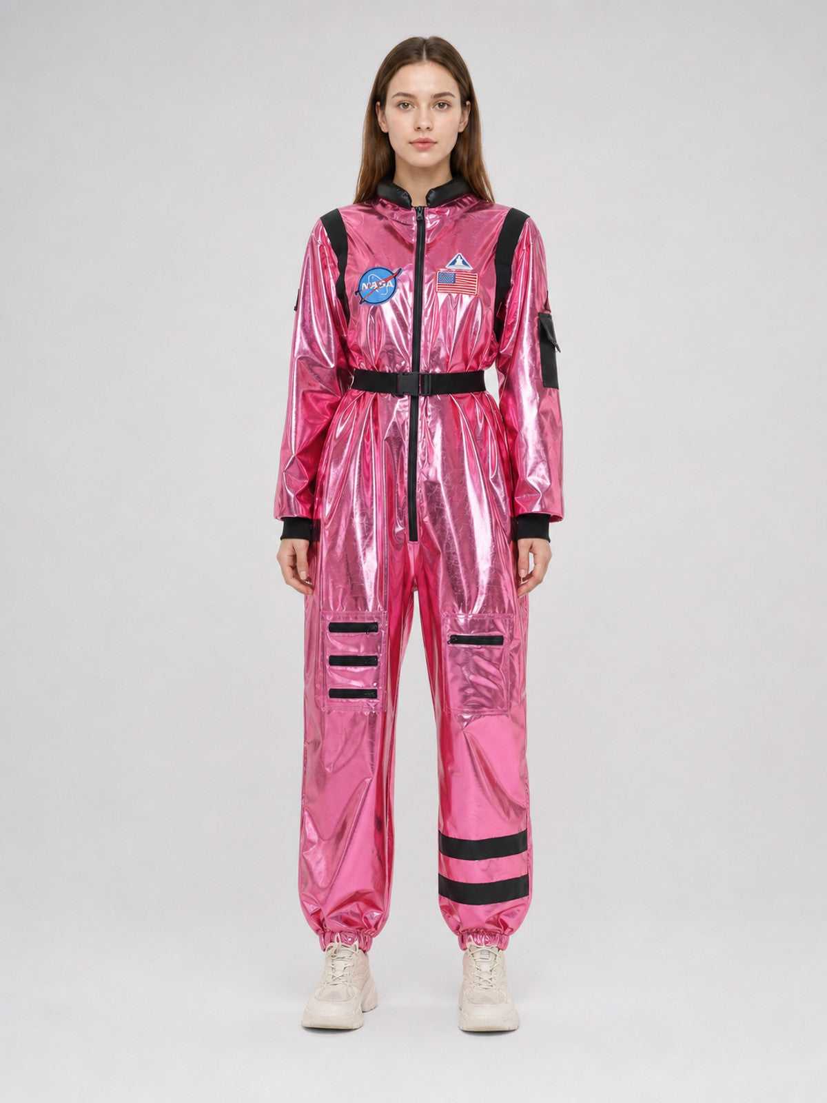 Pink NASA Space Jumpsuit with Patches on-model view