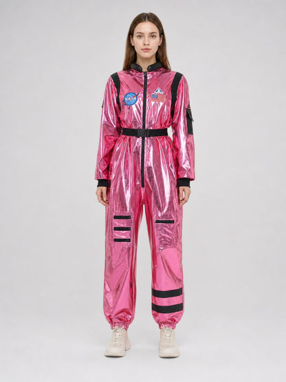 Pink NASA Space Jumpsuit with Patches on-model view