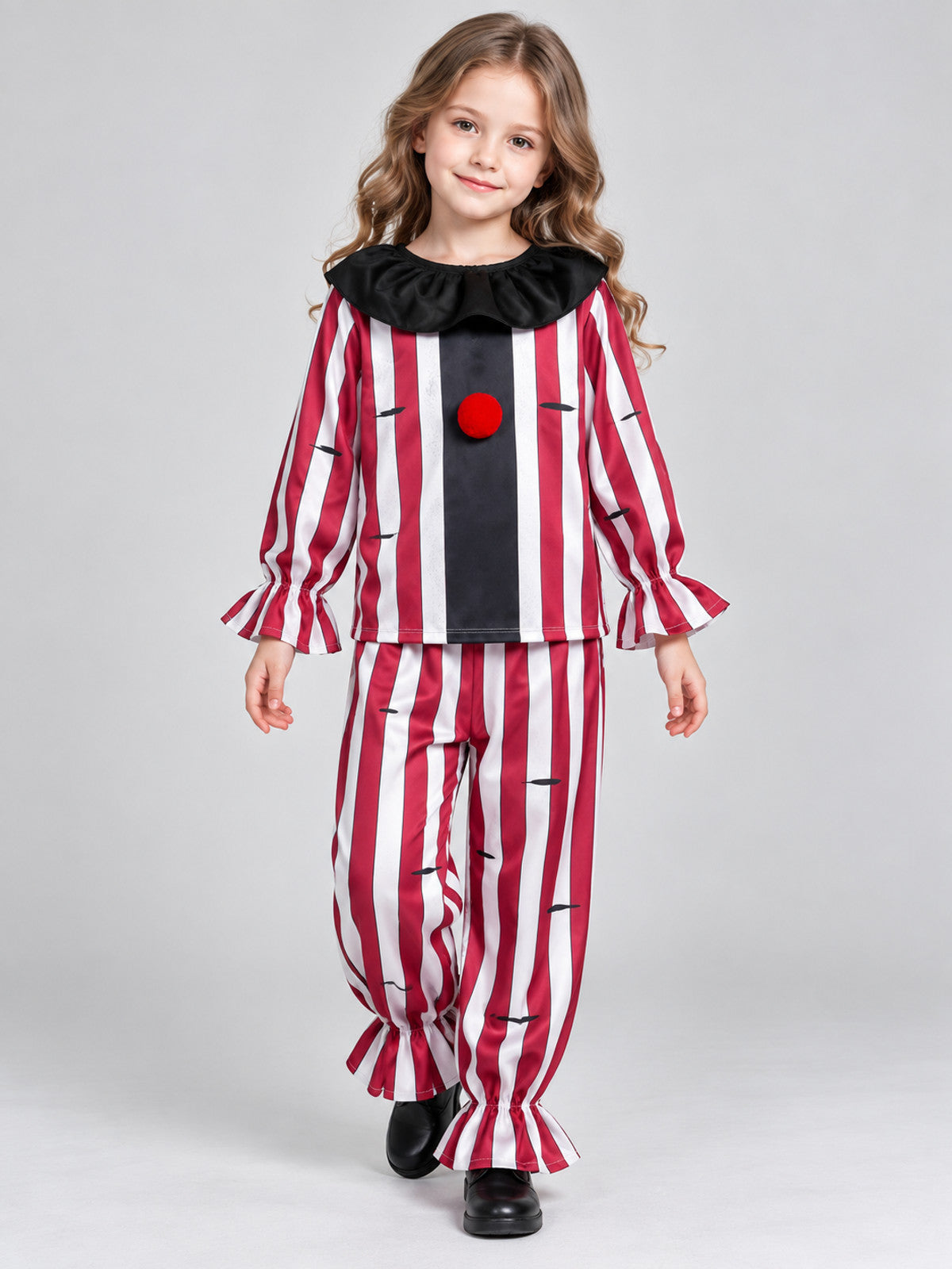 Red and white clown costume with black collar and pompom