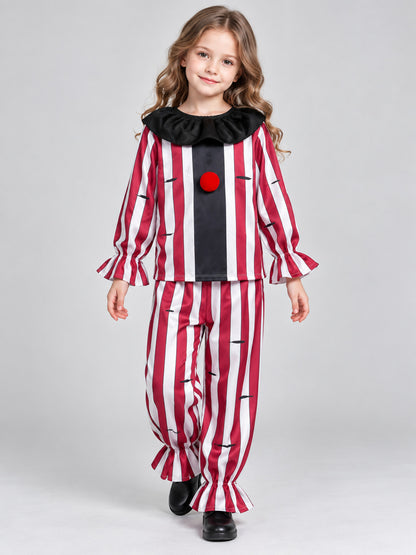 Red and white clown costume with black collar and pompom