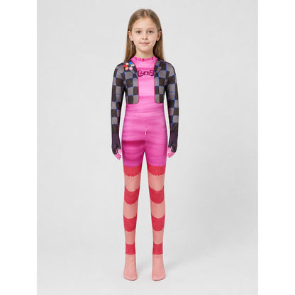 Child wearing the pink elephant character jumpsuit with printed checked jacket, bow tie and red-and-pink striped legs, front view without head mask