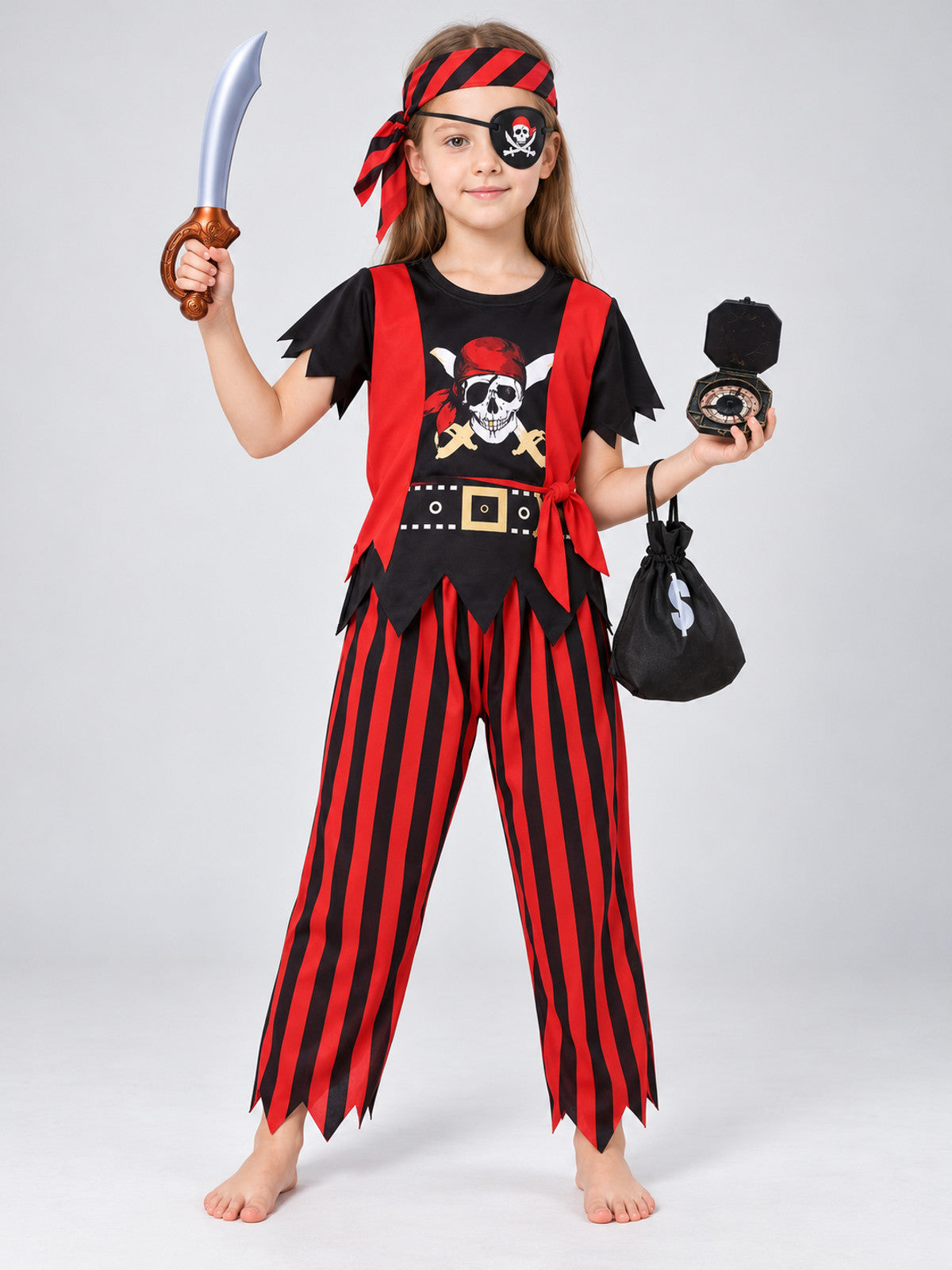 Red and black pirate costume with skull print