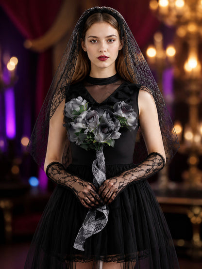 Gothic Costume with Veil for Cosplay and Halloween on-model view