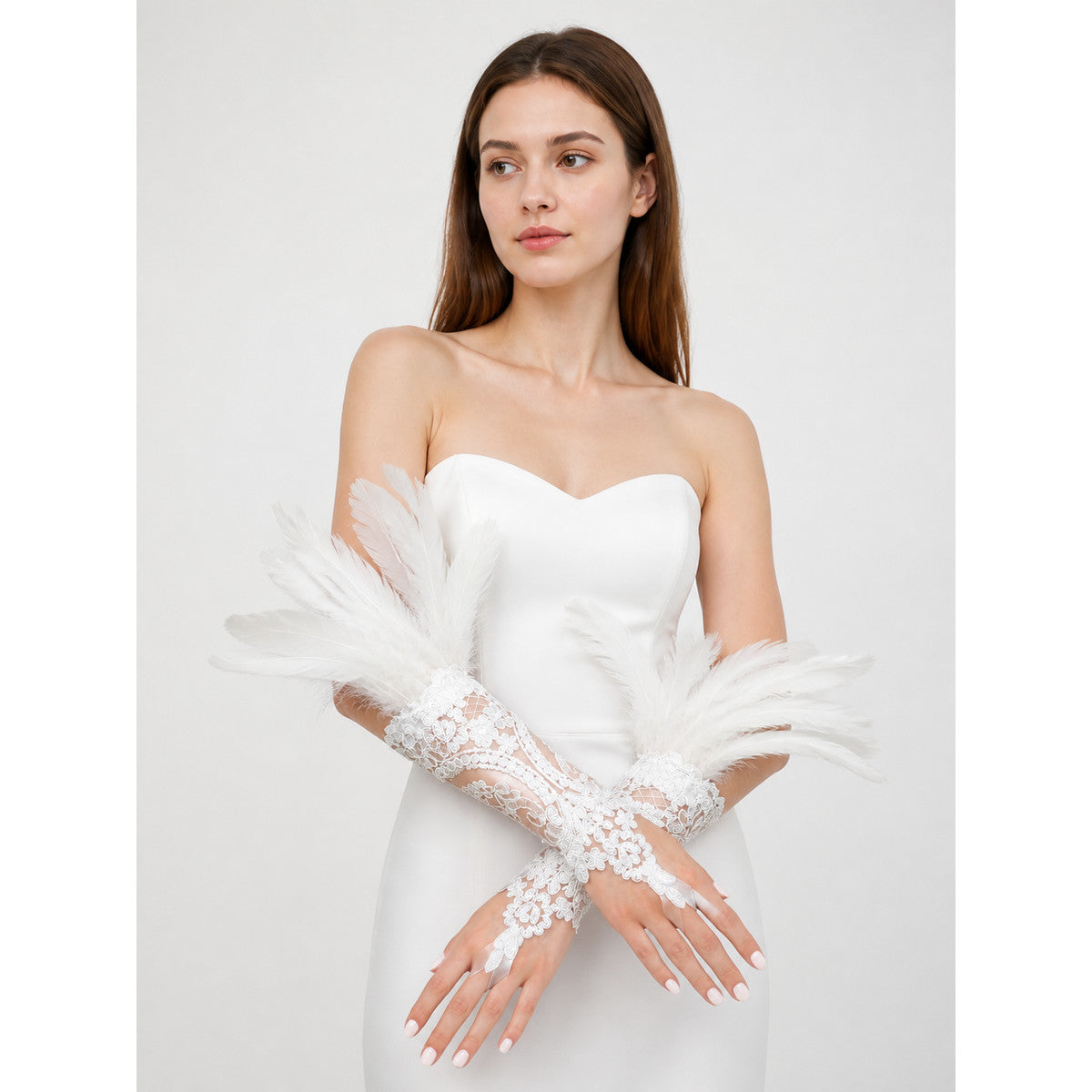 White Lace Carnival Gloves with Feathers, Pair