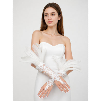White Lace Carnival Gloves with Feathers, Pair