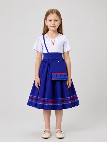 Children’s cosplay dress with handbag, white and blue on-model view